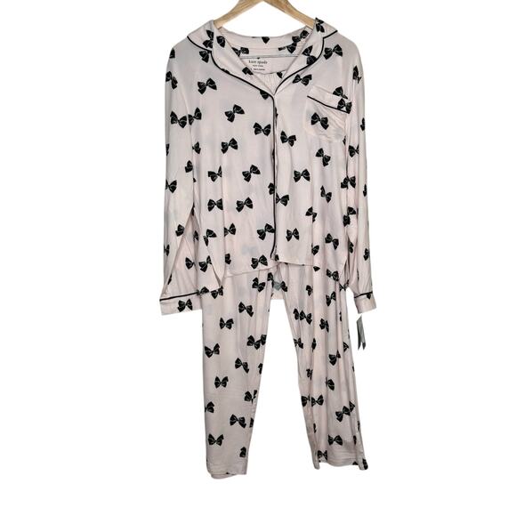 Kate Spade New York Pink Black Bow Print Two Piece Pants Pajama Set Size Large - Picture 7 of 11